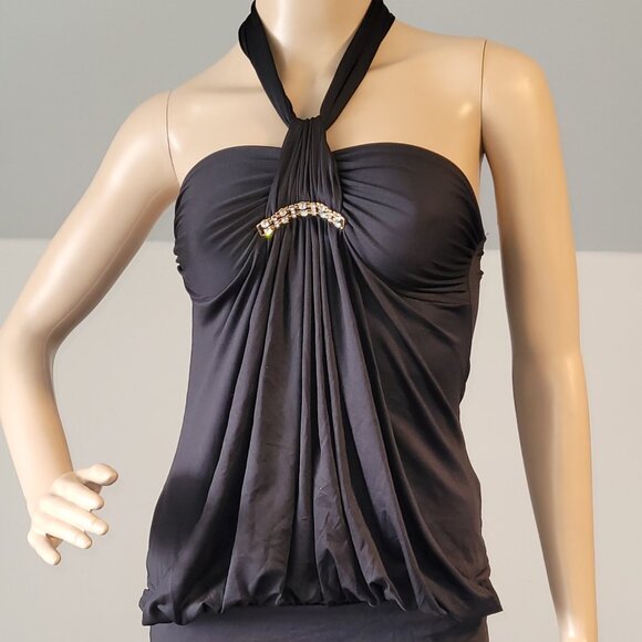 Sexy Women Black Dressy Blouse Stretch Tunic with Gold Rhinestone Accent Small - Picture 1 of 5